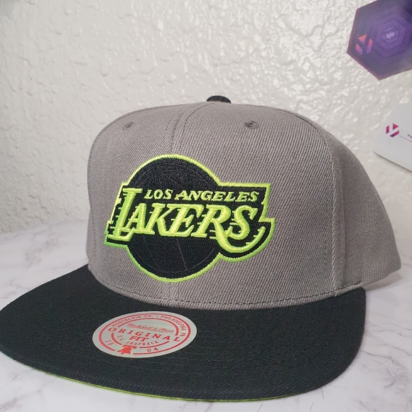 Mitchell & Ness Los Angeles LA Lakers Snapback Hat neon green and gray  Bottom - Picture 2 of 3